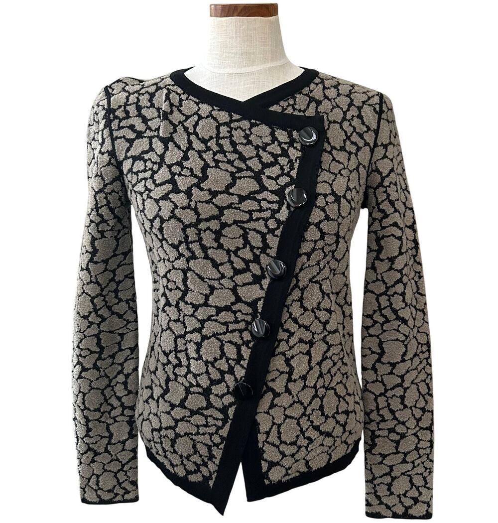 Vintage Armani Collezioni Leopard Print Asymmetric Wool Cardigan SZ 8 M Designer